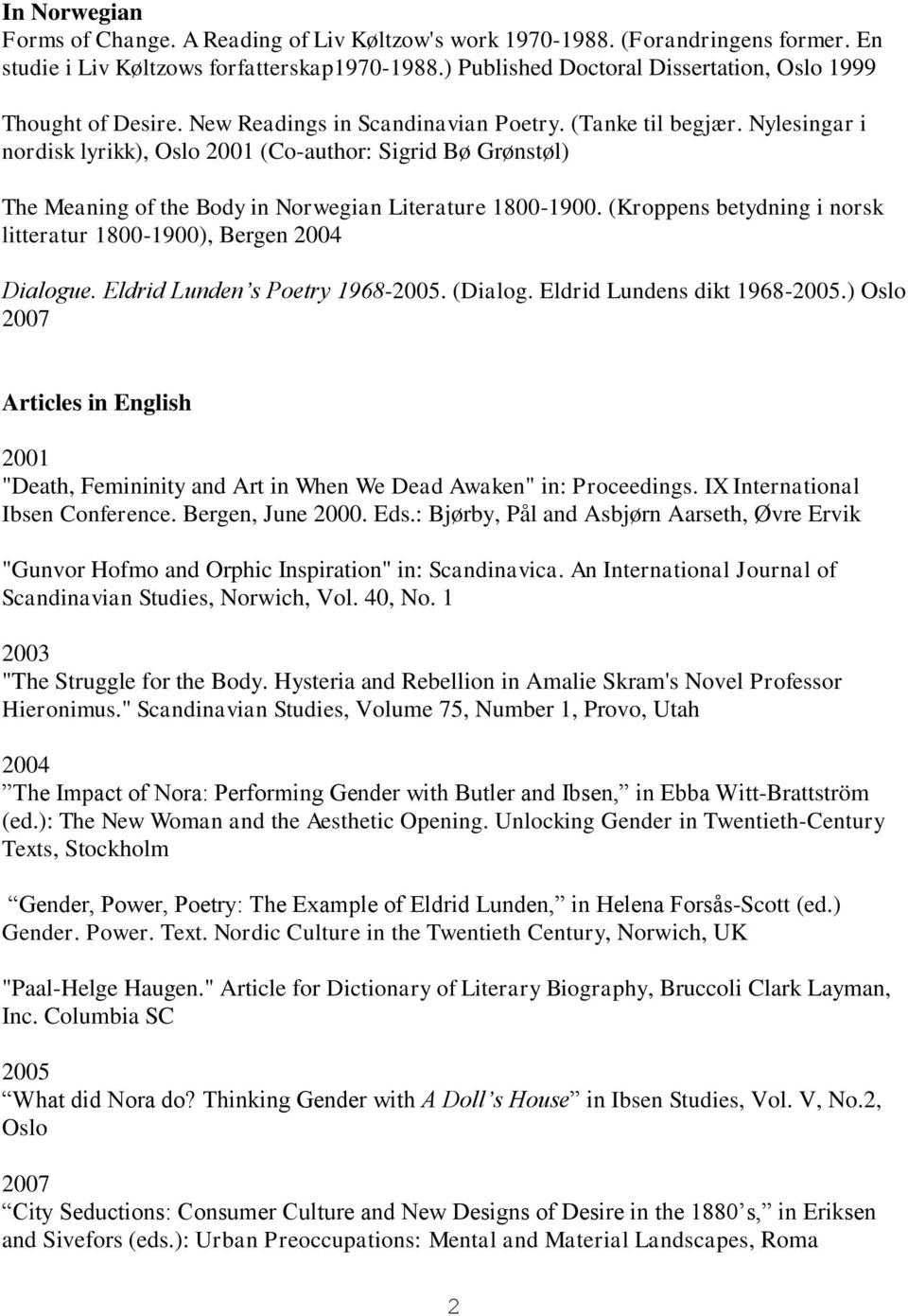 Nylesingar i nordisk lyrikk), Oslo 2001 (Co-author: Sigrid Bø Grønstøl) The Meaning of the Body in Norwegian Literature 1800-1900.