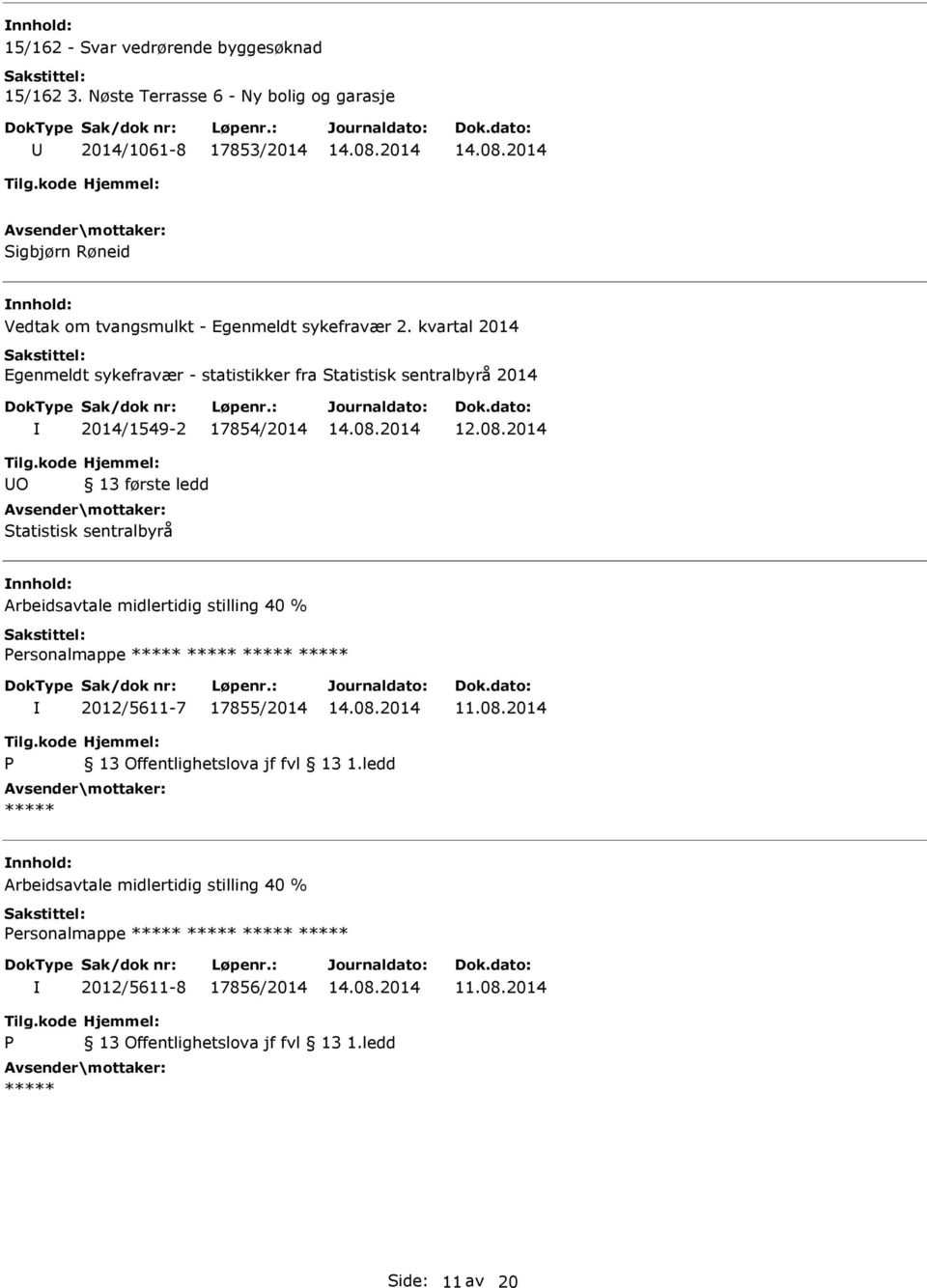 kvartal 2014 Egenmeldt sykefravær - statistikker fra Statistisk sentralbyrå 2014 2014/1549-2 17854/2014 12.08.