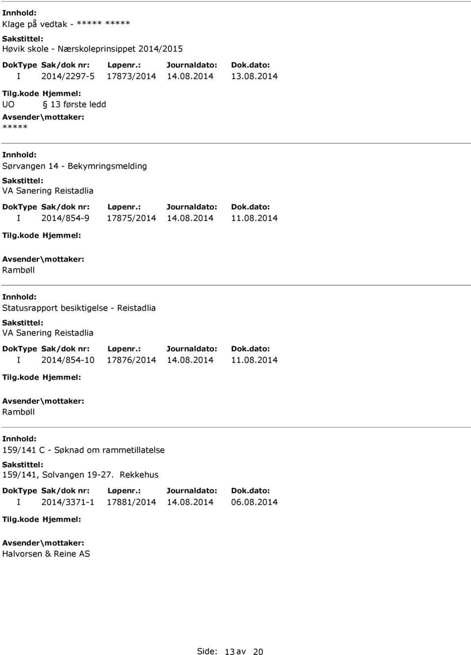 besiktigelse - Reistadlia VA Sanering Reistadlia 2014/854-10 17876/2014 Rambøll 159/141 C - Søknad om