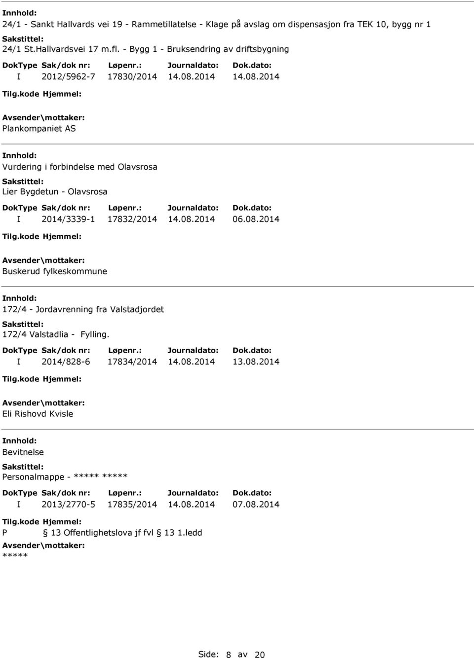 Olavsrosa 2014/3339-1 17832/2014 06.08.2014 Buskerud fylkeskommune 172/4 - Jordavrenning fra Valstadjordet 172/4 Valstadlia - Fylling.