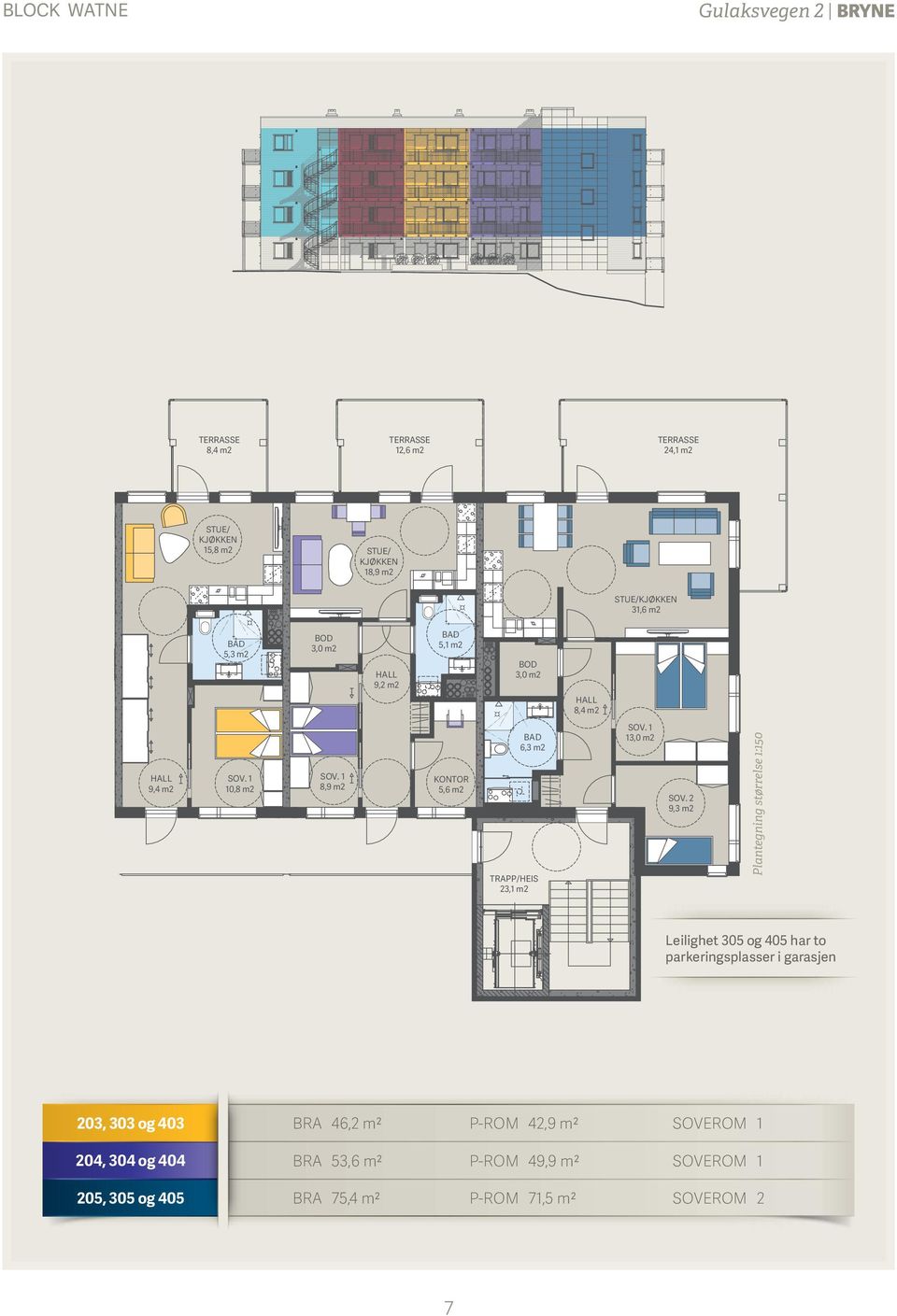 2 9,3 m2 Plantegning størrelse 1:150 Leilighet 305 og 405 har to parkeringsplasser i garasjen 203, 303 og 403
