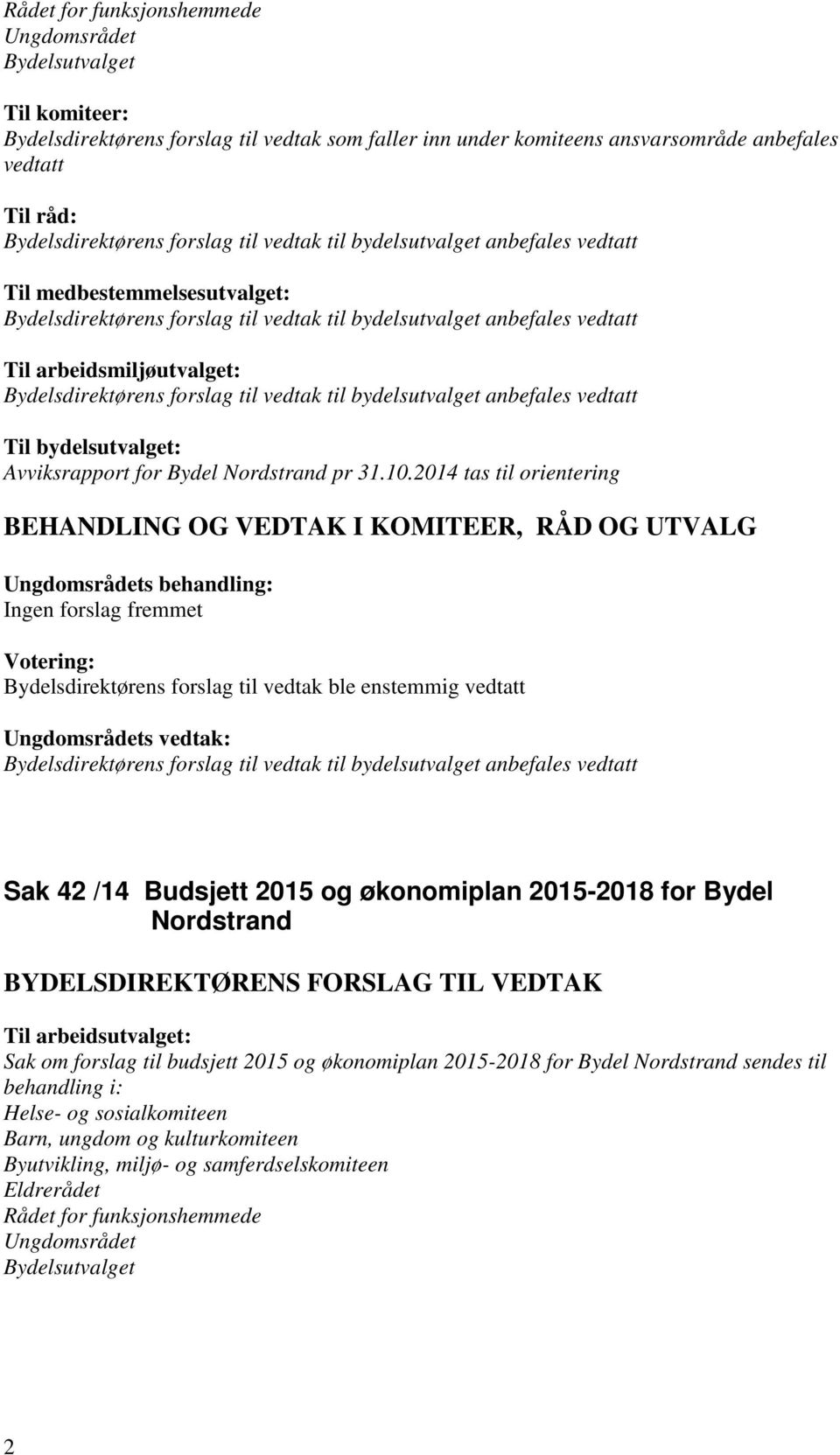 Bydelsdirektørens forslag til vedtak til bydelsutvalget anbefales vedtatt Til bydelsutvalget: Avviksrapport for Bydel Nordstrand pr 31.10.