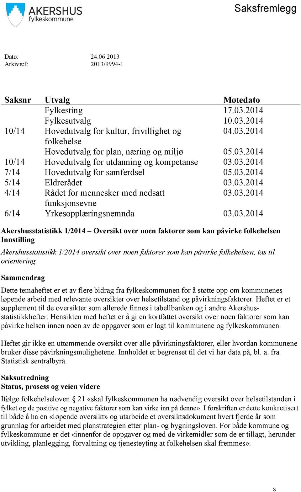 03.2014 Akershusstatistikk 1/2014 Oversikt over noen faktorer som kan påvirke folkehelsen Innstilling Akershusstatistikk 1/2014 oversikt over noen faktorer som kan påvirke folkehelsen, tas til