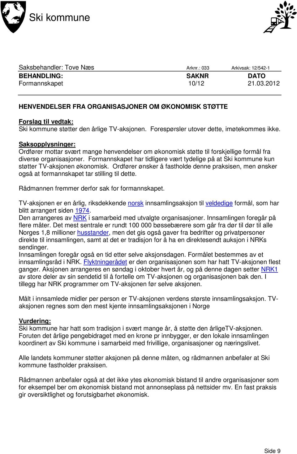 Formannskapet har tidligere vært tydelige på at Ski kommune kun støtter TV-aksjonen økonomisk. Ordfører ønsker å fastholde denne praksisen, men ønsker også at formannskapet tar stilling til dette.