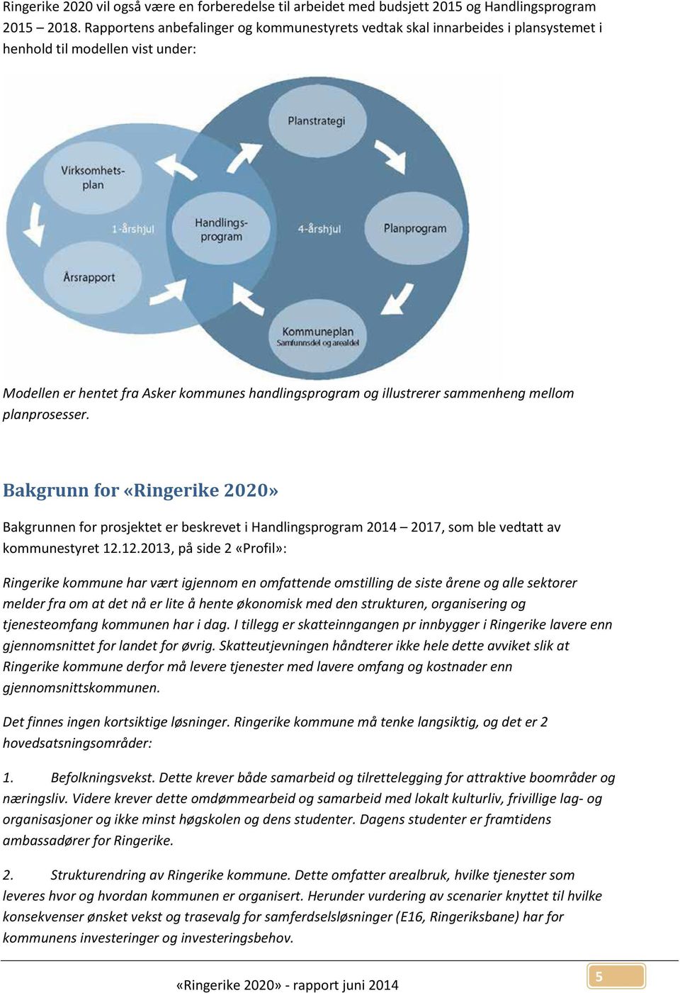 mellom planprosesser. Bakgrunn for «Ringerike 2020» Bakgrunnen for prosjektet er beskrevet i Handlingsprogram 2014 2017, som ble vedtatt av kommunestyret 12.