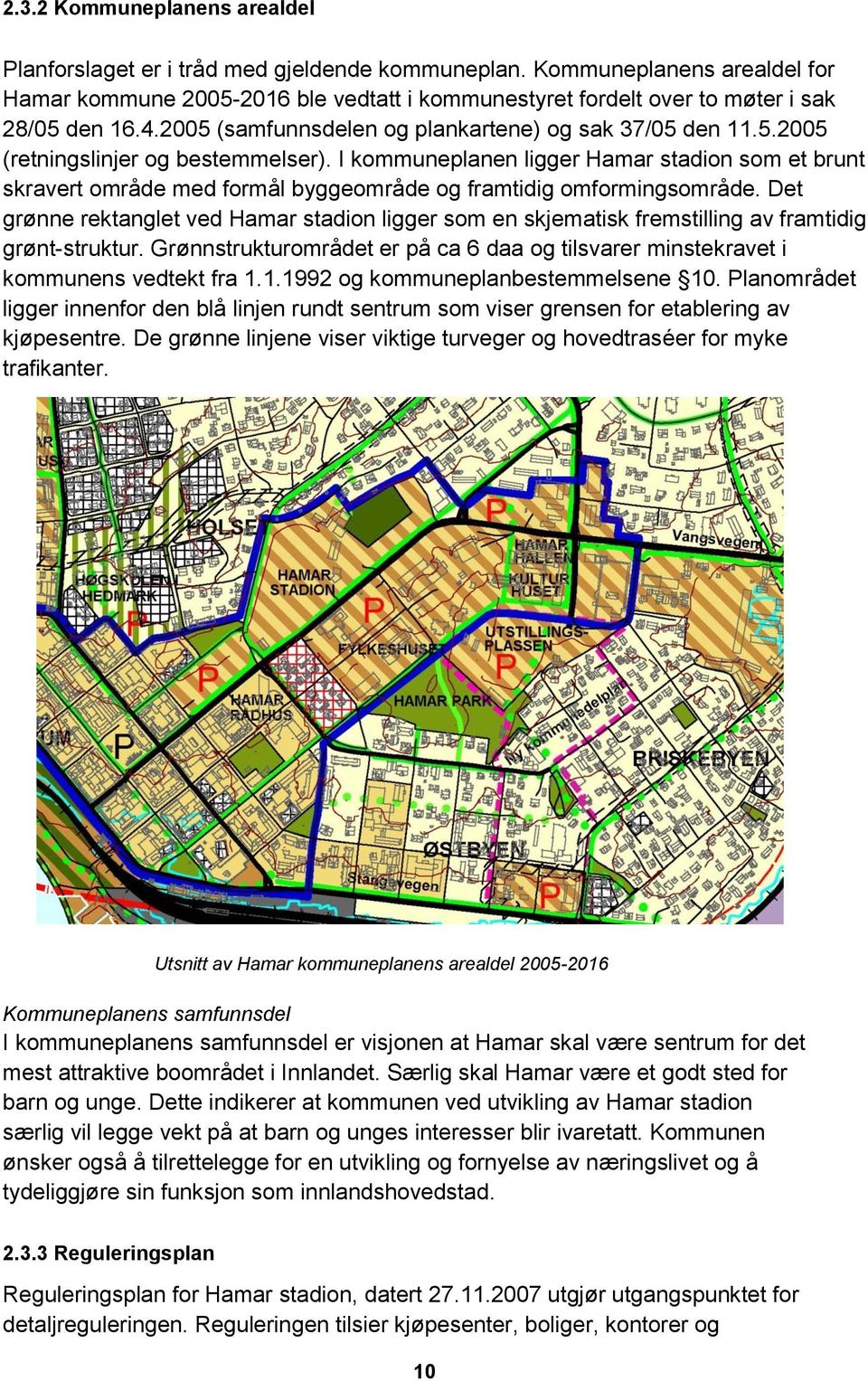 I kommuneplanen ligger Hamar stadion som et brunt skravert område med formål byggeområde og framtidig omformingsområde.