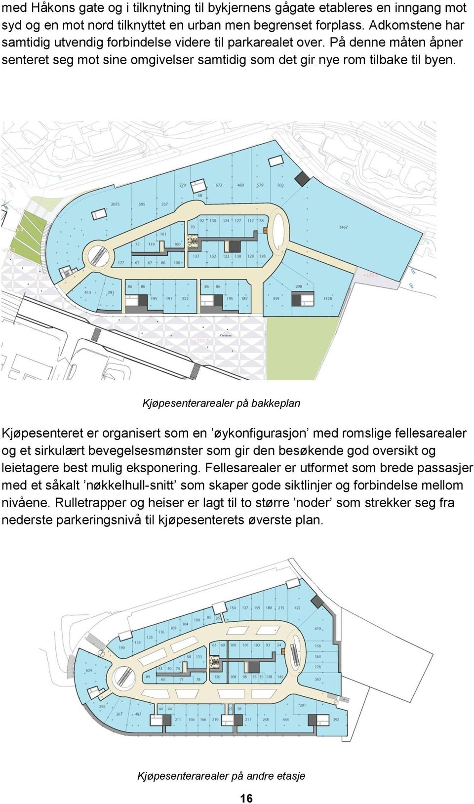 Kjøpesenterarealer på bakkeplan Kjøpesenteret er organisert som en øykonfigurasjon med romslige fellesarealer og et sirkulært bevegelsesmønster som gir den besøkende god oversikt og leietagere best