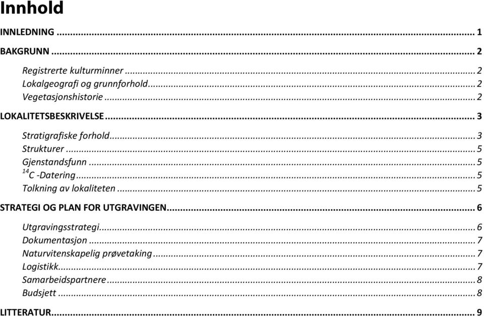 .. 5 14 C -Datering... 5 Tolkning av lokaliteten... 5 STRATEGI OG PLAN FOR UTGRAVINGEN... 6 Utgravingsstrategi.