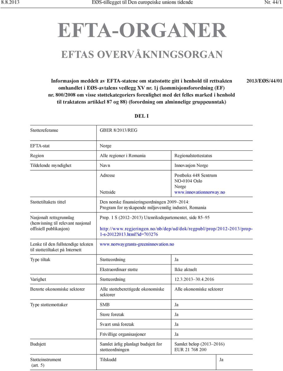 800/2008 om visse støttekategoriers forenlighet med det felles marked i henhold til traktatens artikkel 87 og 88) (forordning om alminnelige gruppeunntak) 2013/EØS/44/01 DEL I Støttereferanse GBER