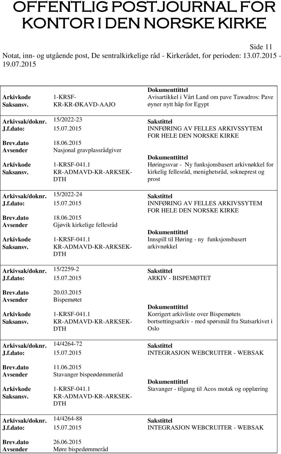 1 Høringssvar - Ny funksjonsbasert arkivnøkkel for Saksansv. KR-ADMAVD-KR-ARKSEK- DTH kirkelig fellesråd, menighetsråd, sokneprest og prost Arkivsak/doknr. 15/2022-24 Sakstittel J.f.dato: 15.07.