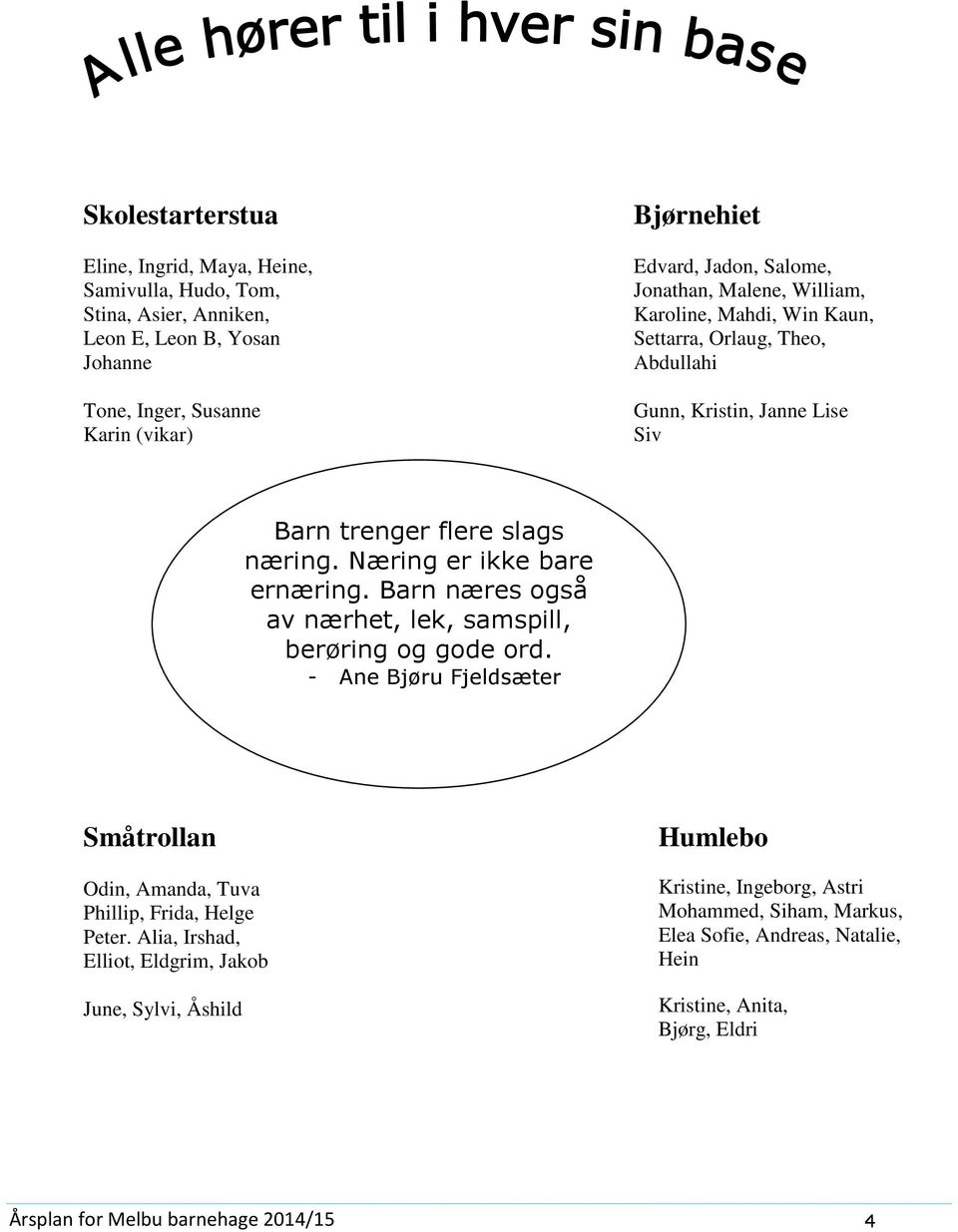 Næring er ikke bare ernæring. Barn næres gså av nærhet, lek, samspill, berøring g gde rd. - Ane Bjøru Fjeldsæter Småtrllan Odin, Amanda, Tuva Phillip, Frida, Helge Peter.