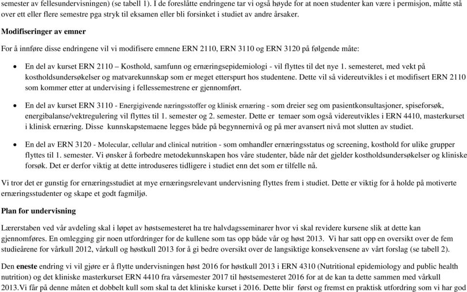 Modifiseringer av emner For å innføre disse endringene vil vi modifisere emnene ERN 2110, ERN 3110 og ERN 3120 på følgende måte: En del av kurset ERN 2110 Kosthold, samfunn og ernæringsepidemiologi -