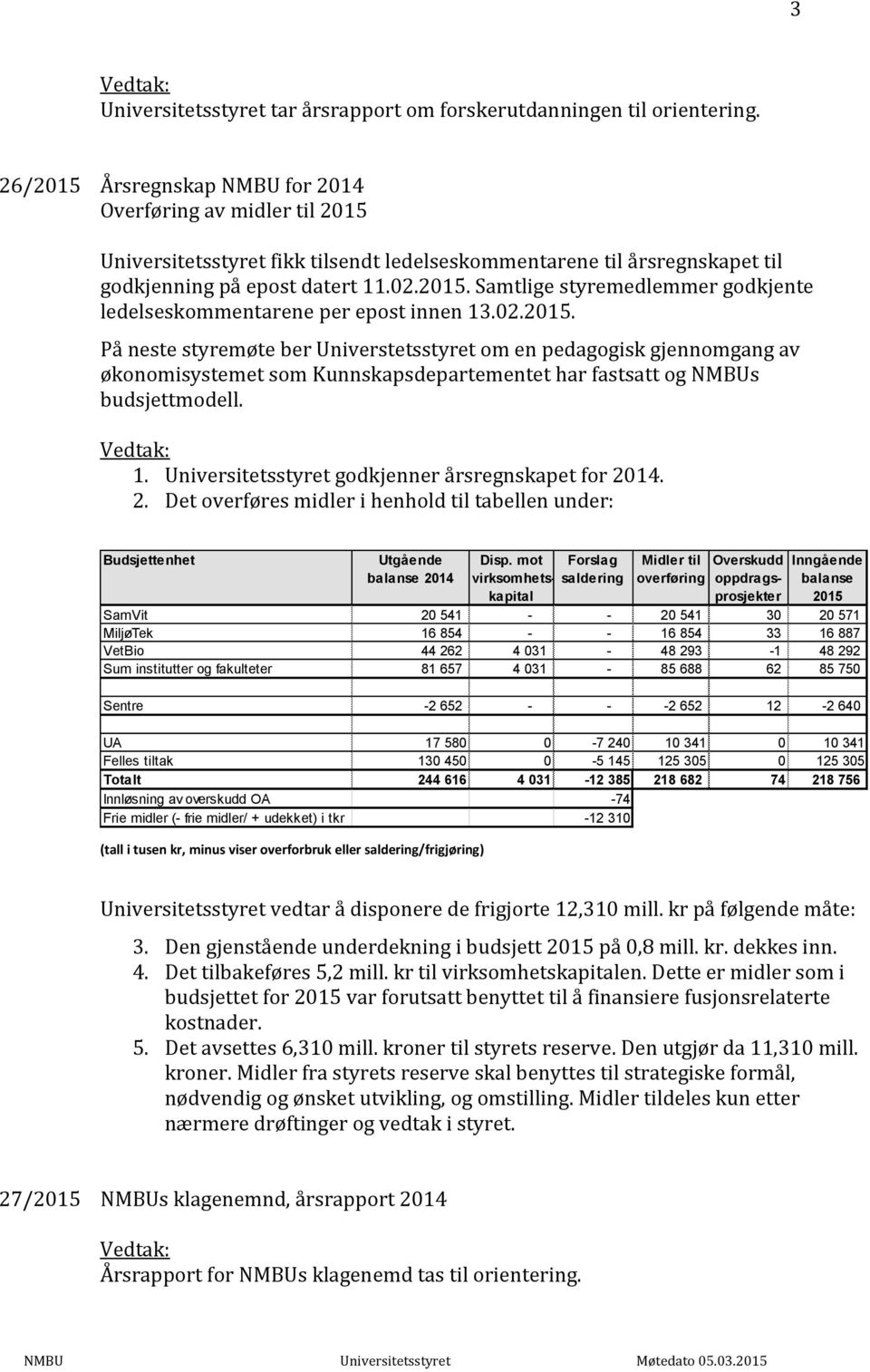 02.2015. På neste styremøte ber Universtetsstyret om en pedagogisk gjennomgang av økonomisystemet som Kunnskapsdepartementet har fastsatt og NMBUs budsjettmodell. 1.