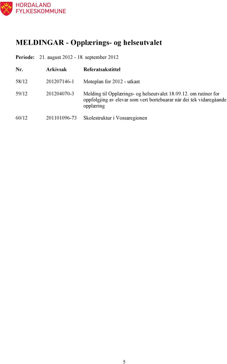 Arkivsak Referatsakstittel 58/12 201207146-1 Møteplan for 2012 - utkast 59/12 201204070-3 Melding