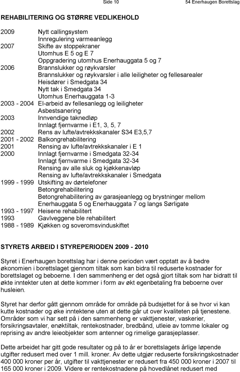 El-arbeid av fellesanlegg og leiligheter Asbestsanering 2003 Innvendige taknedløp Innlagt fjernvarme i E1, 3, 5, 7 2002 Rens av lufte/avtrekkskanaler S34 E3,5,7 2001-2002 Balkongrehabilitering 2001