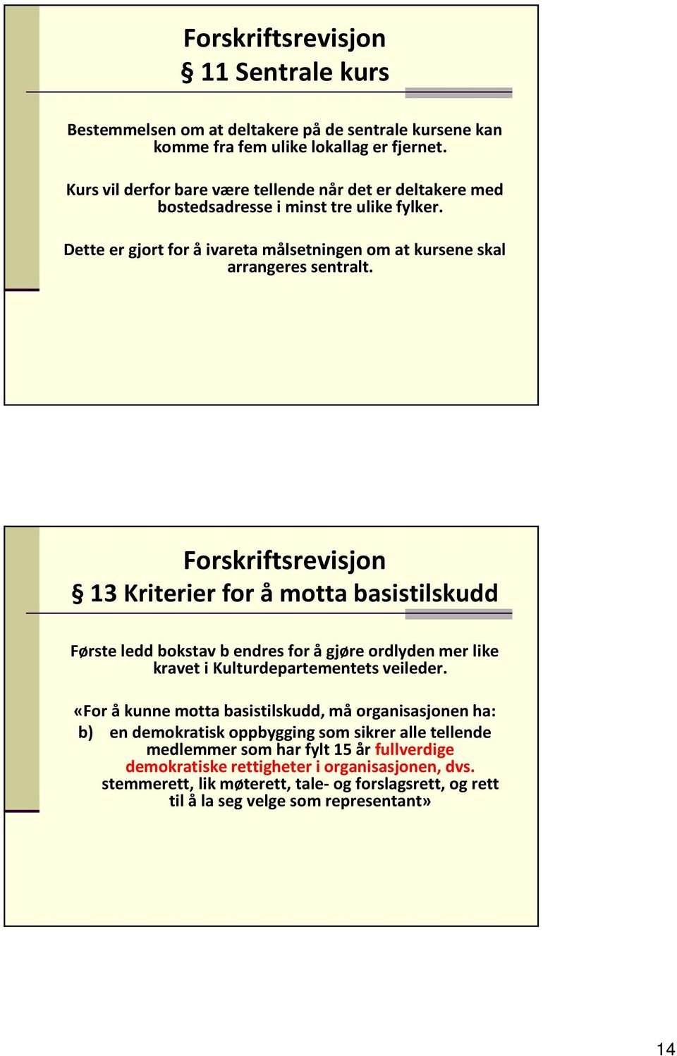 13 Kriterier for å motta basistilskudd Første ledd bokstav b endres for å gjøre ordlyden mer like kravet i Kulturdepartementets veileder.