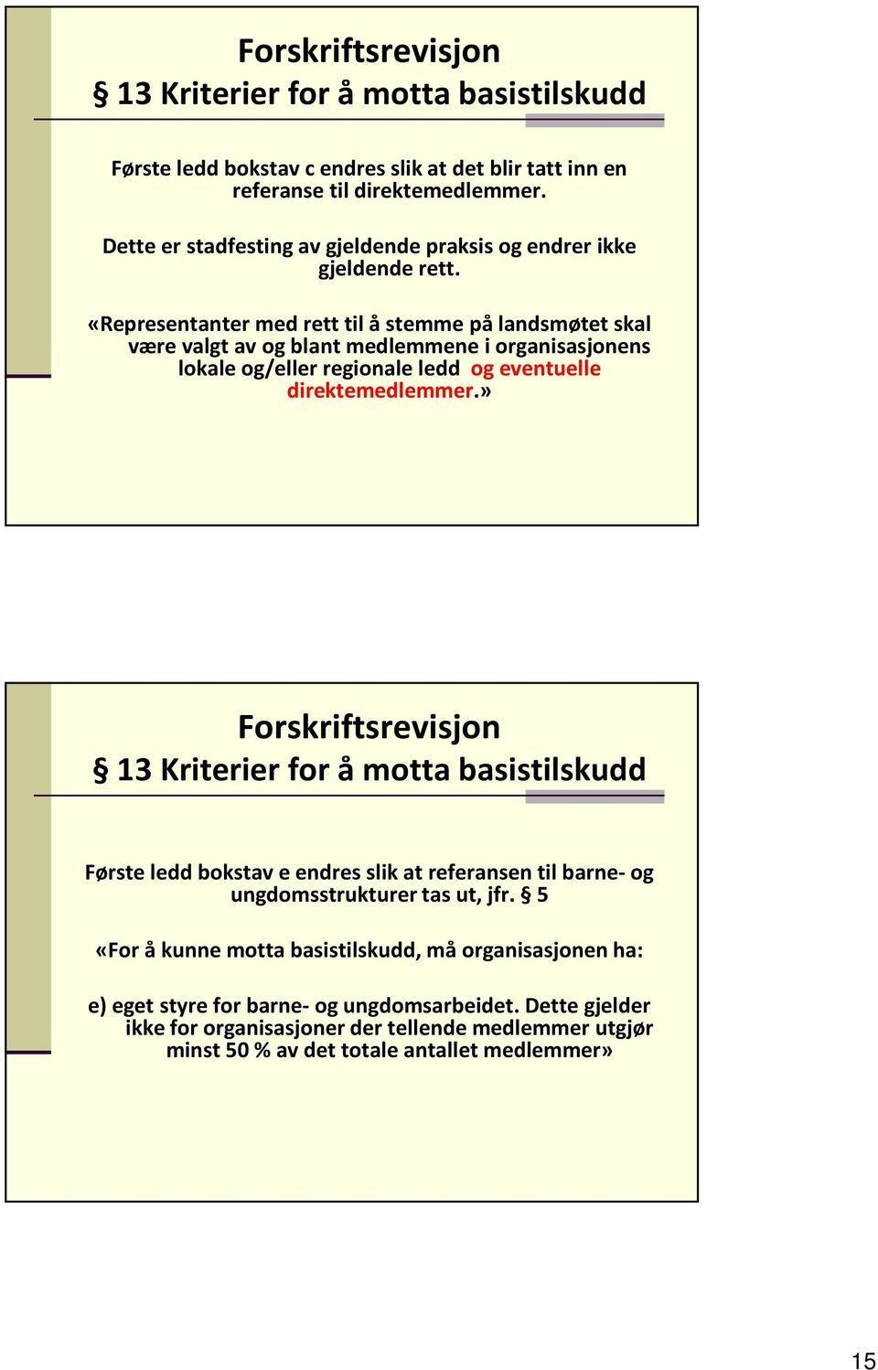 «Representanter med rett til å stemme på landsmøtet skal være valgt av og blant medlemmene i organisasjonens lokale og/eller regionale ledd og eventuelle direktemedlemmer.