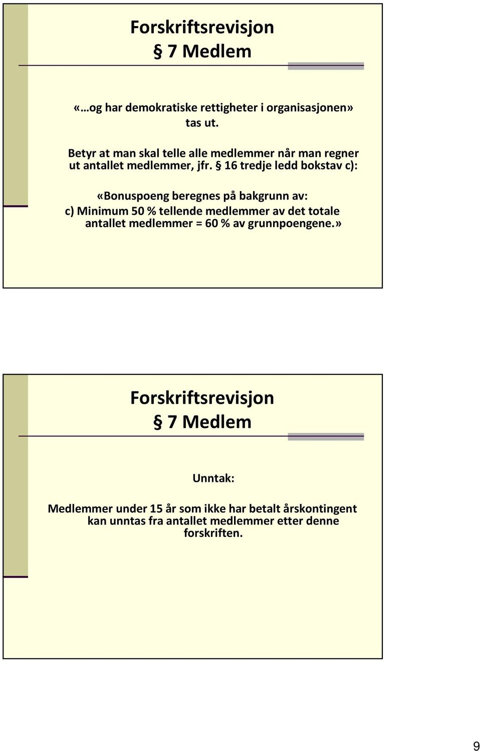 16 tredje ledd bokstav c): «Bonuspoeng beregnes på bakgrunn av: c) Minimum 50 % tellende medlemmer av det