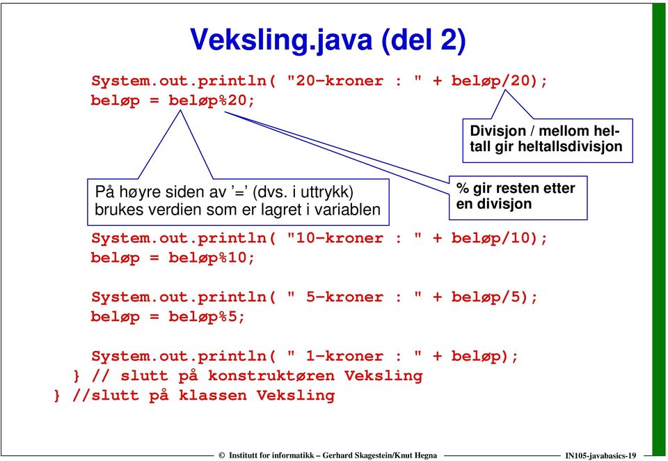 (dvs. i uttrykk) brukes verdien som er lagret i variablen % gir resten etter en divisjon System.out.