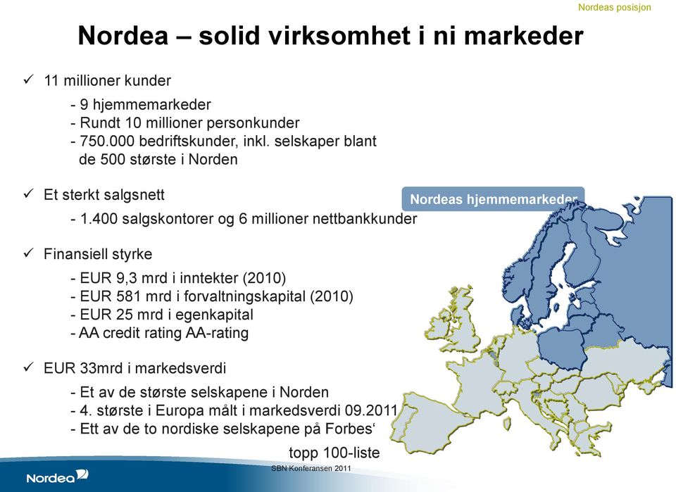 400 salgskontorer og 6 millioner nettbankkunder Finansiell styrke - EUR 9,3 mrd i inntekter (2010) - EUR 581 mrd i forvaltningskapital (2010) - EUR 25 mrd