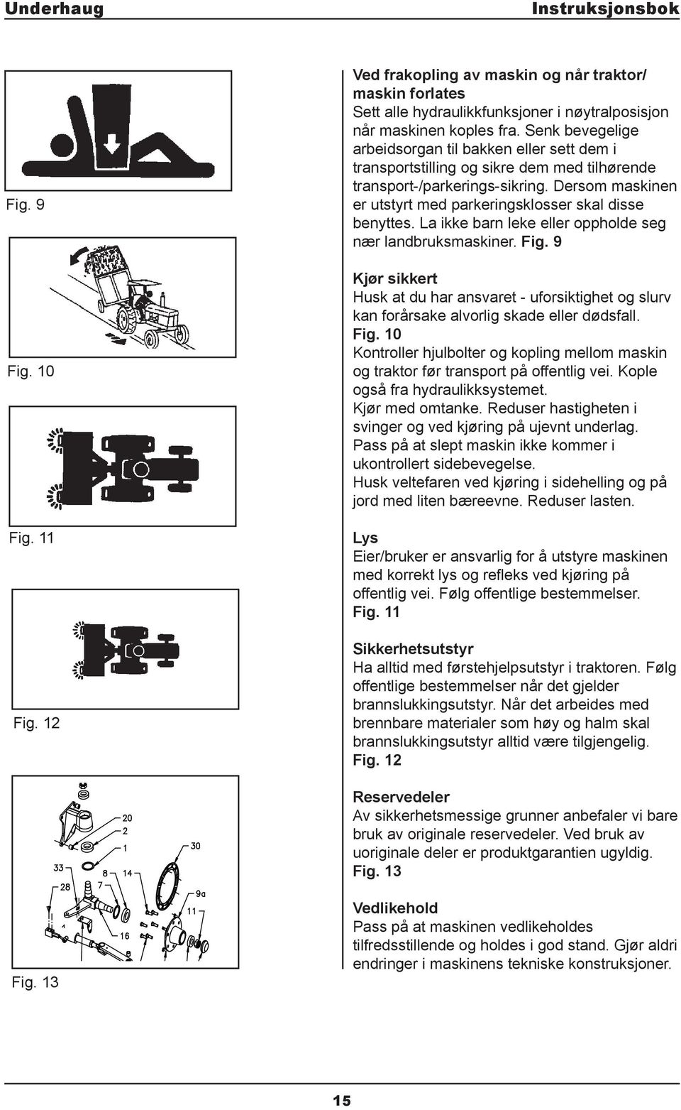 Dersom maskinen er utstyrt med parkeringsklosser skal disse benyttes. La ikke barn leke eller oppholde seg nær landbruksmaskiner. Fig.