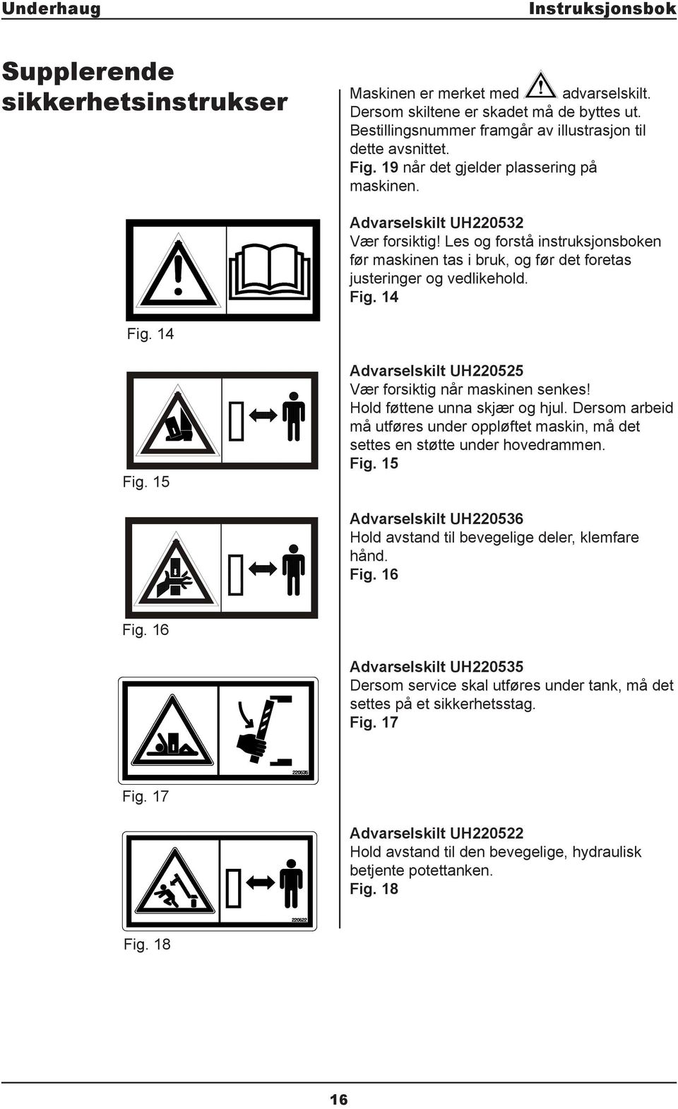 14 Fig. 15 dvarselskilt UH220525 Vær forsiktig når maskinen senkes! Hold føttene unna skjær og hjul. Dersom arbeid må utføres under oppløftet maskin, må det settes en støtte under hovedrammen. Fig. 15 dvarselskilt UH220536 Hold avstand til bevegelige deler, klemfare hånd.