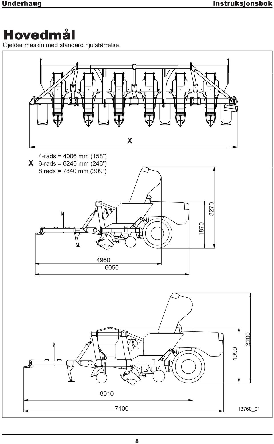 X X 4-rads = 4006 mm (158 ) 6-rads = 6240 mm