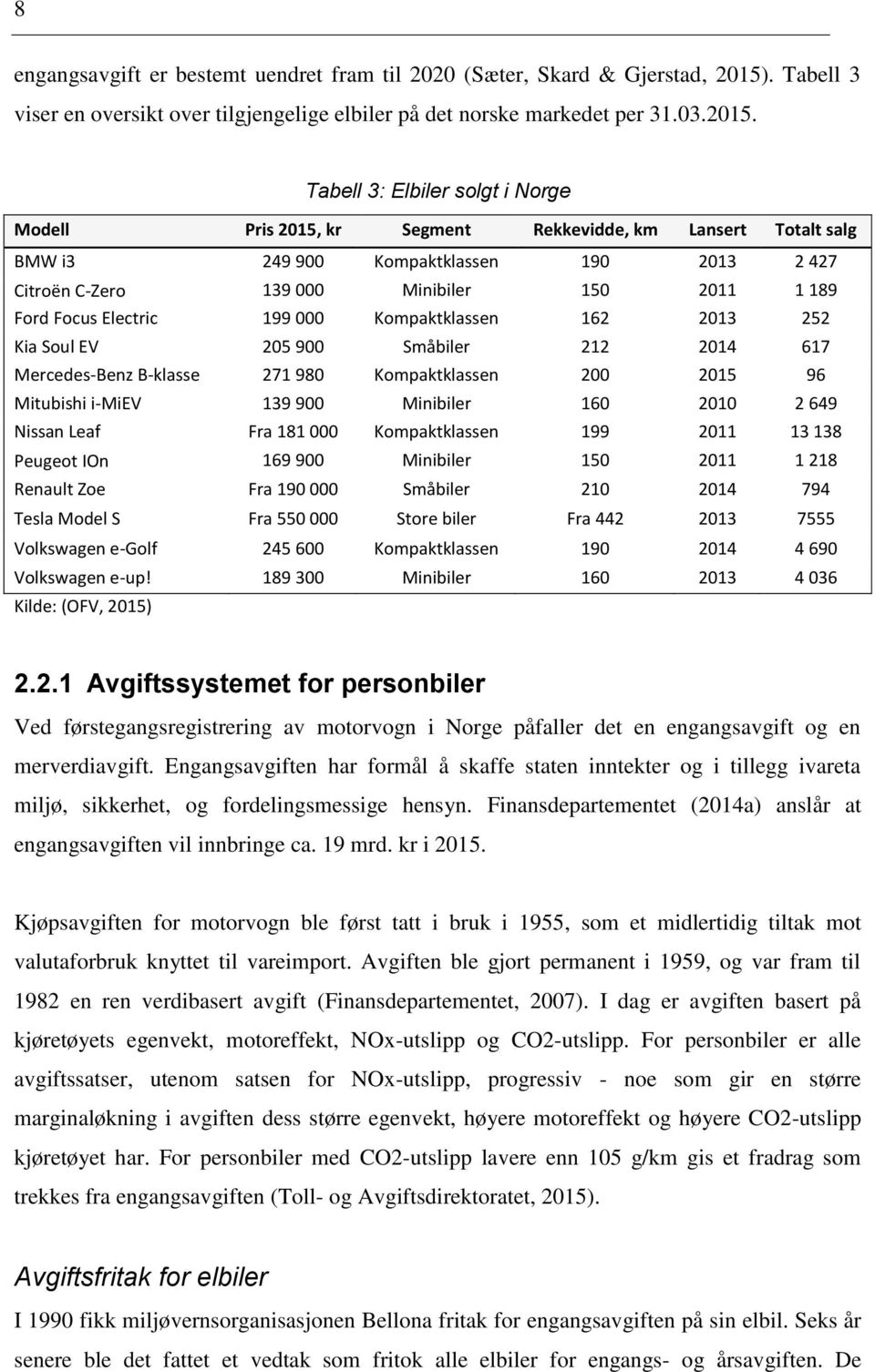 Tabell 3: Elbiler solgt i Norge Modell Pris 2015, kr Segment Rekkevidde, km Lansert Totalt salg BMW i3 249 900 Kompaktklassen 190 2013 2 427 Citroën C-Zero 139 000 Minibiler 150 2011 1 189 Ford Focus