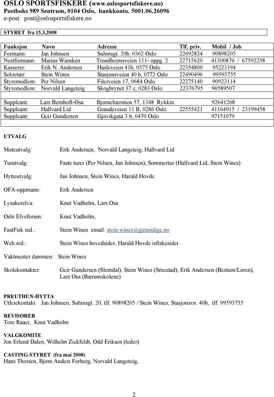 Andersen Hasleveien 41b, 0575 Oslo 22354800 95223194 Sekretær: Stein Wines Stasjonsveien 40 b, 0772 Oslo 22490496 99593755 Styremedlem: Per Nilsen Filerveien 17, 0684 Oslo 22275140 90923114