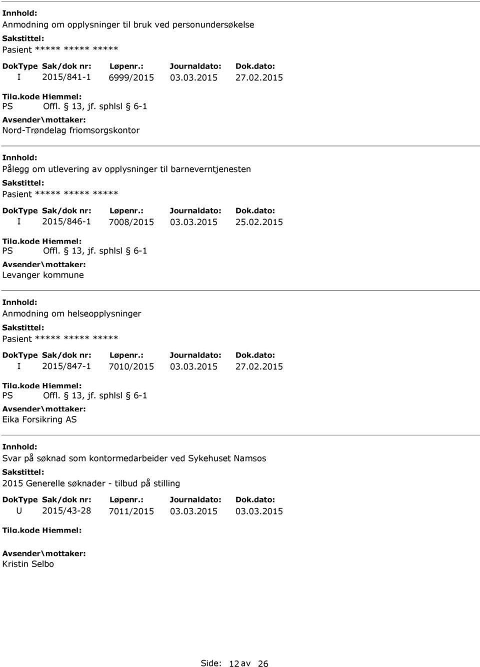 2015 Pålegg om utlevering av opplysninger til barneverntjenesten Pasient ***** ***** ***** 2015/846-1 7008/2015 Levanger kommune 25.02.