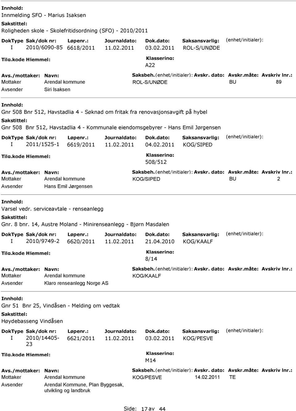 : ROL-S/NØDE B 89 Siri saksen nnhold: Gnr 508 Bnr 512, Havstadlia 4 - Søknad om fritak fra renovasjonsavgift på hybel Gnr 508 Bnr 512, Havstadlia 4 - Kommunale eiendomsgebyrer - Hans Emil Jørgensen