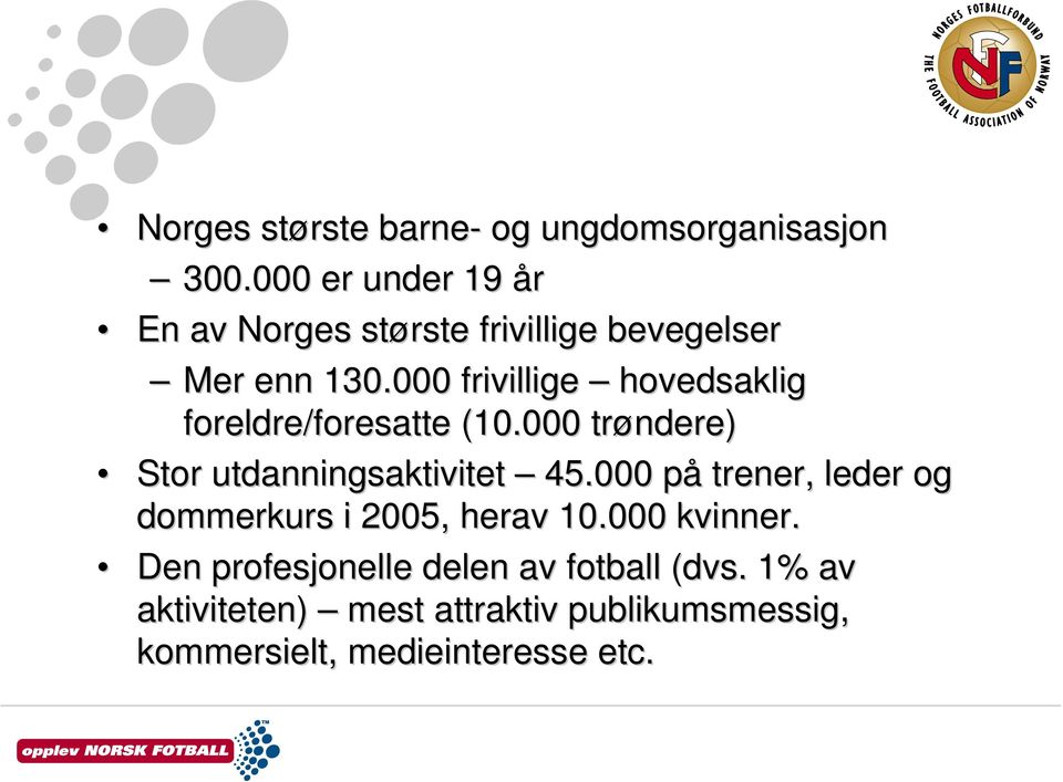 000 frivillige hovedsaklig foreldre/foresatte (10.000 trøndere) Stor utdanningsaktivitet 45.