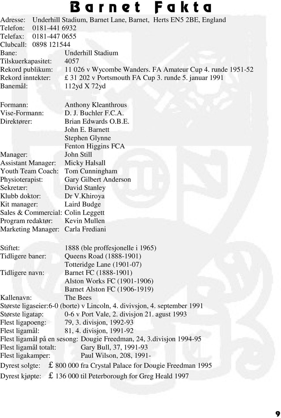 januar 1991 Banemål: 112yd X 72yd Formann: Anthony Kleanthrous Vise-Formann: D. J. Buchler F.C.A. Direktører: Brian Edwards O.B.E. John E.