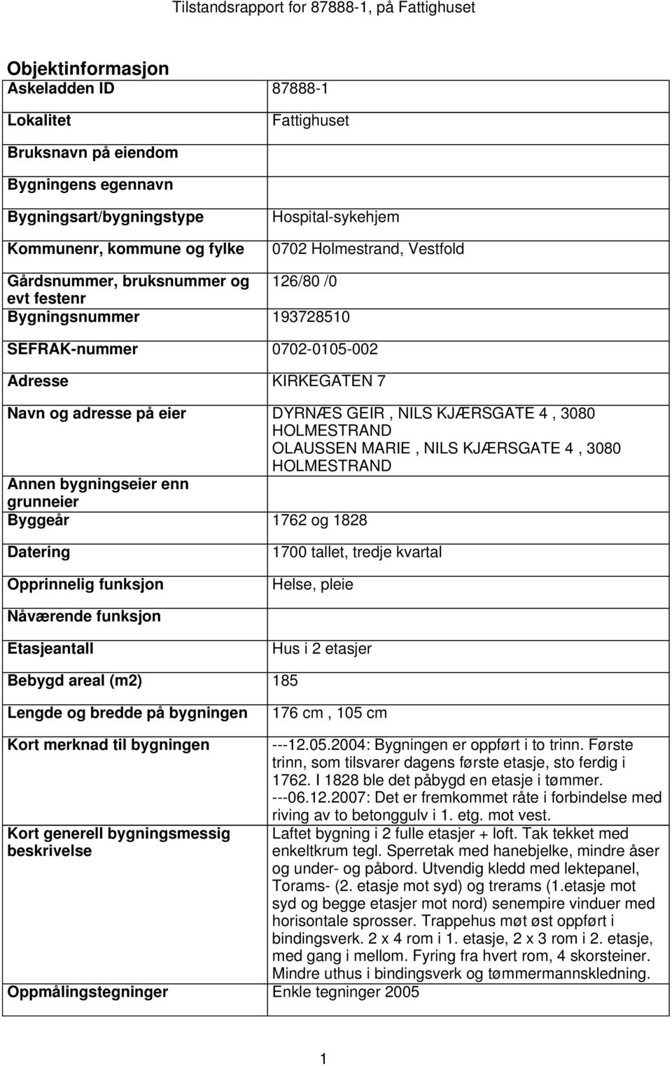 DYRNÆS GEIR, NILS KJÆRSGATE 4, 3080 HOLMESTRAND OLAUSSEN MARIE, NILS KJÆRSGATE 4, 3080 HOLMESTRAND Annen bygningseier enn grunneier Byggeår 1762 og 1828 Datering Opprinnelig funksjon 1700 tallet,