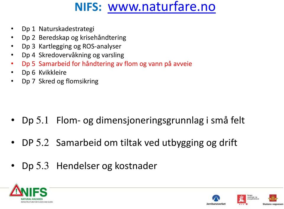 Dp 4 Skredovervåkning og varsling Dp 5 Samarbeid for håndtering av flom og vann på avveie Dp