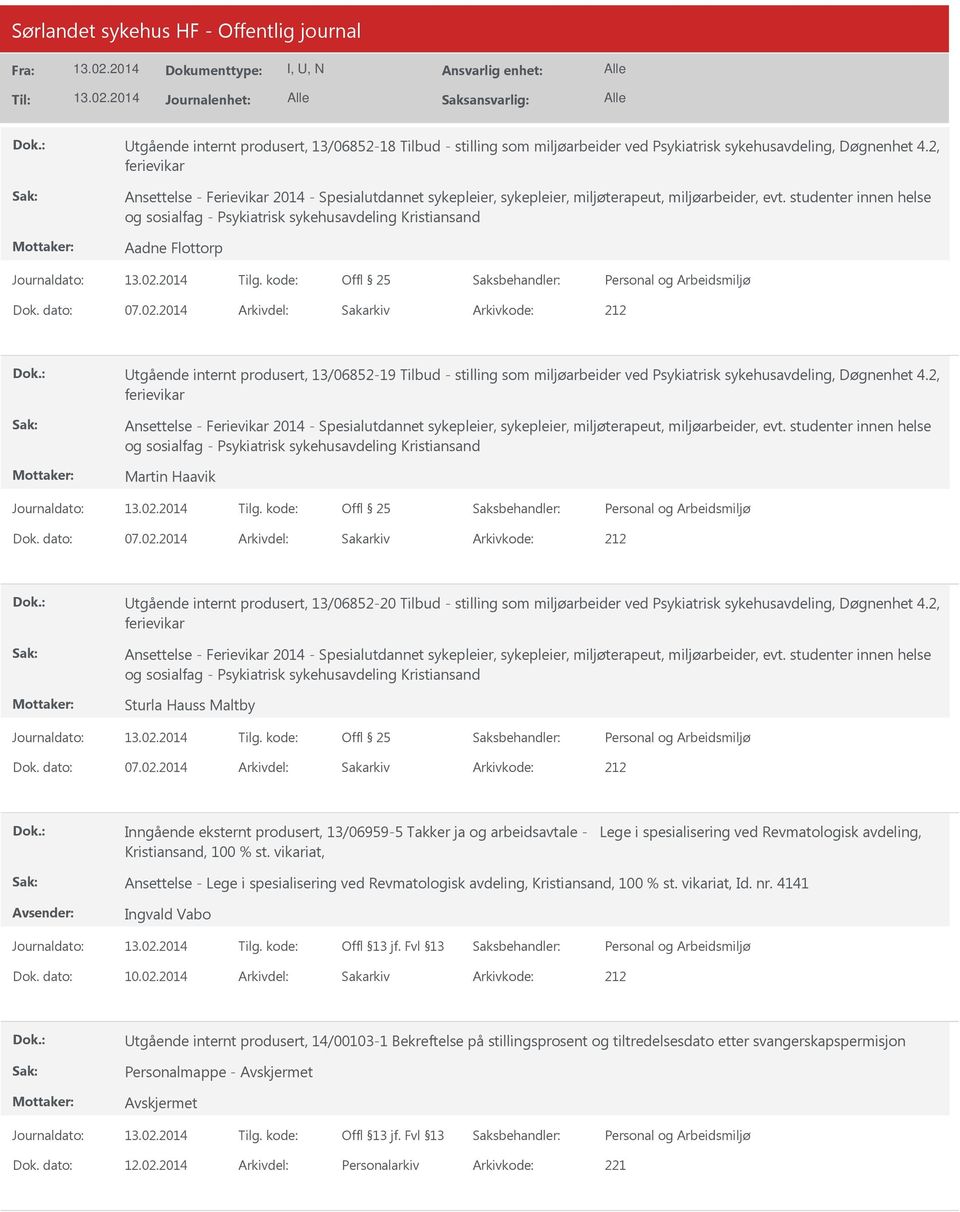 2014 Arkivdel: Sakarkiv Utgående internt produsert, 13/06852-20 Tilbud - stilling som miljøarbeider ved Psykiatrisk sykehusavdeling, Døgnenhet 4.2, Sturla Hauss Maltby Dok. dato: 07.02.