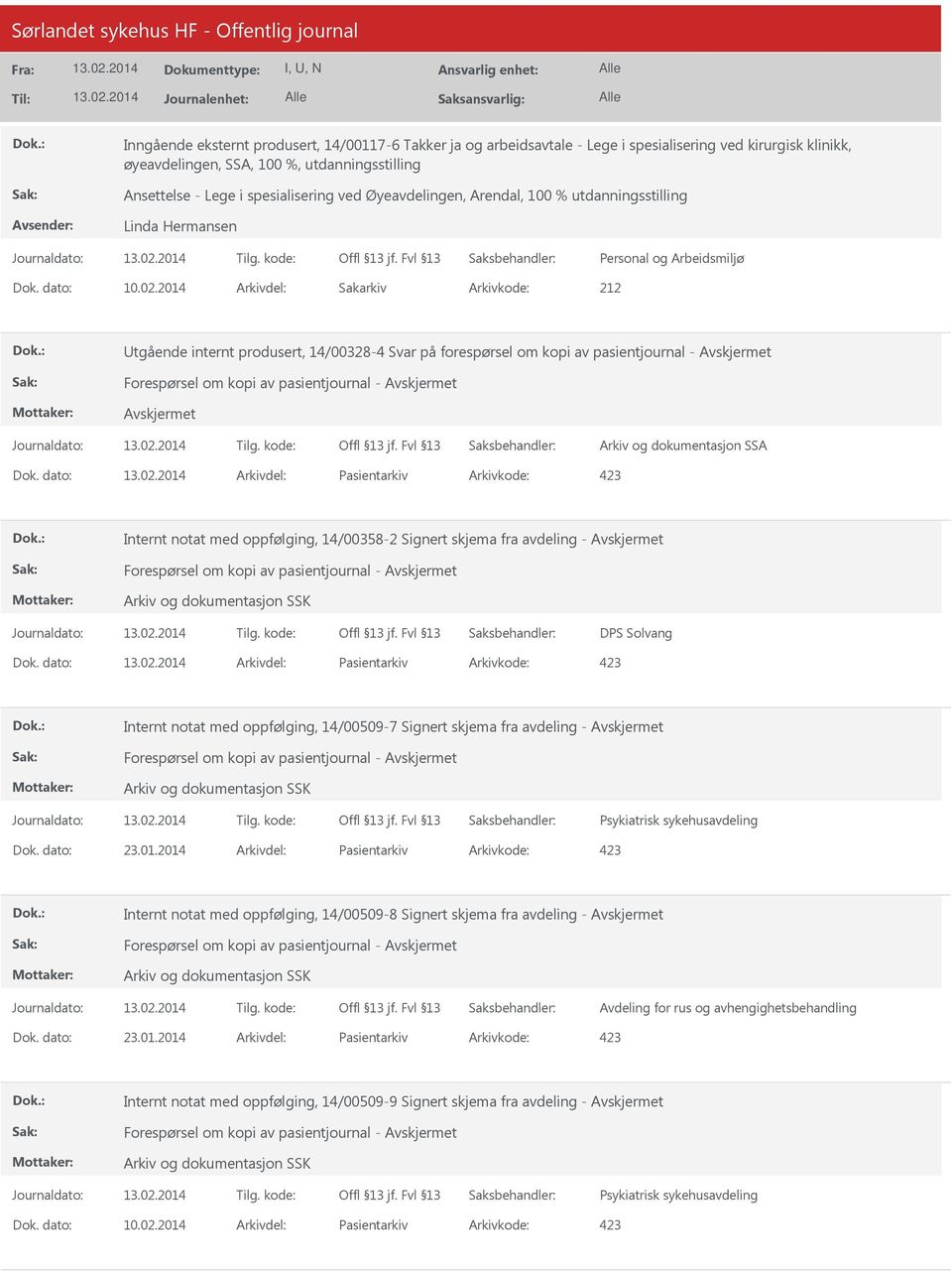 2014 Arkivdel: Sakarkiv Utgående internt produsert, 14/00328-4 Svar på forespørsel om kopi av pasientjournal - Forespørsel om kopi av pasientjournal - Arkiv og dokumentasjon SSA Dok.