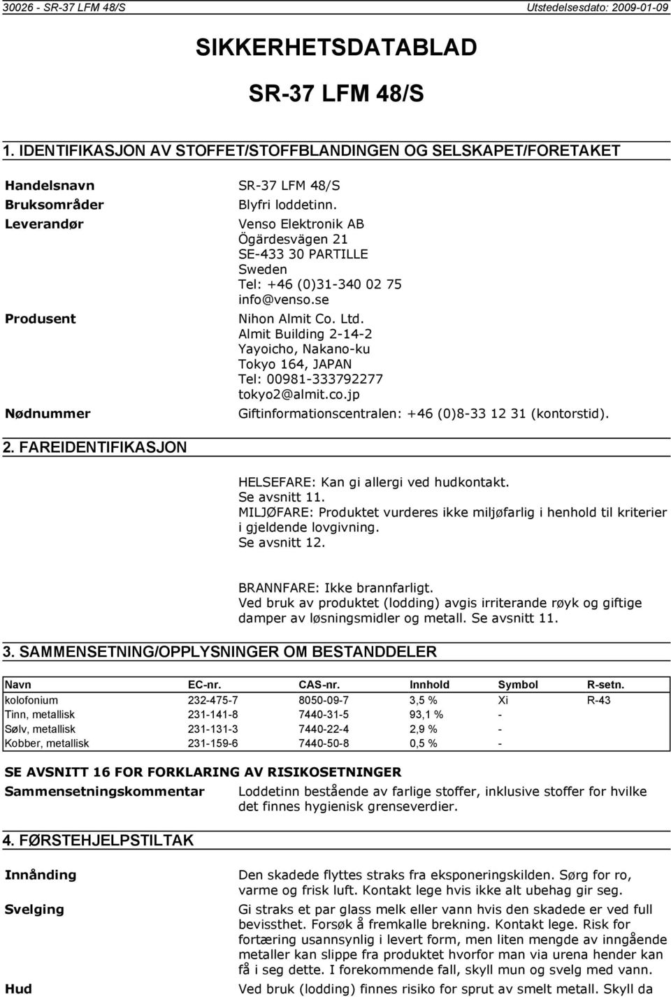 Leverandør Venso Elektronik AB Ögärdesvägen 21 SE-433 30 PARTILLE Sweden Tel: +46 (0)31-340 02 75 info@venso.se Produsent Nihon Almit Co. Ltd.