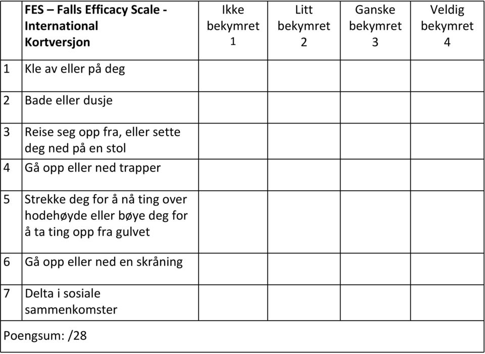 ned på en stol 4 Gå opp eller ned trapper 5 Strekke deg for ånåting over hodehøyde eller bøye deg