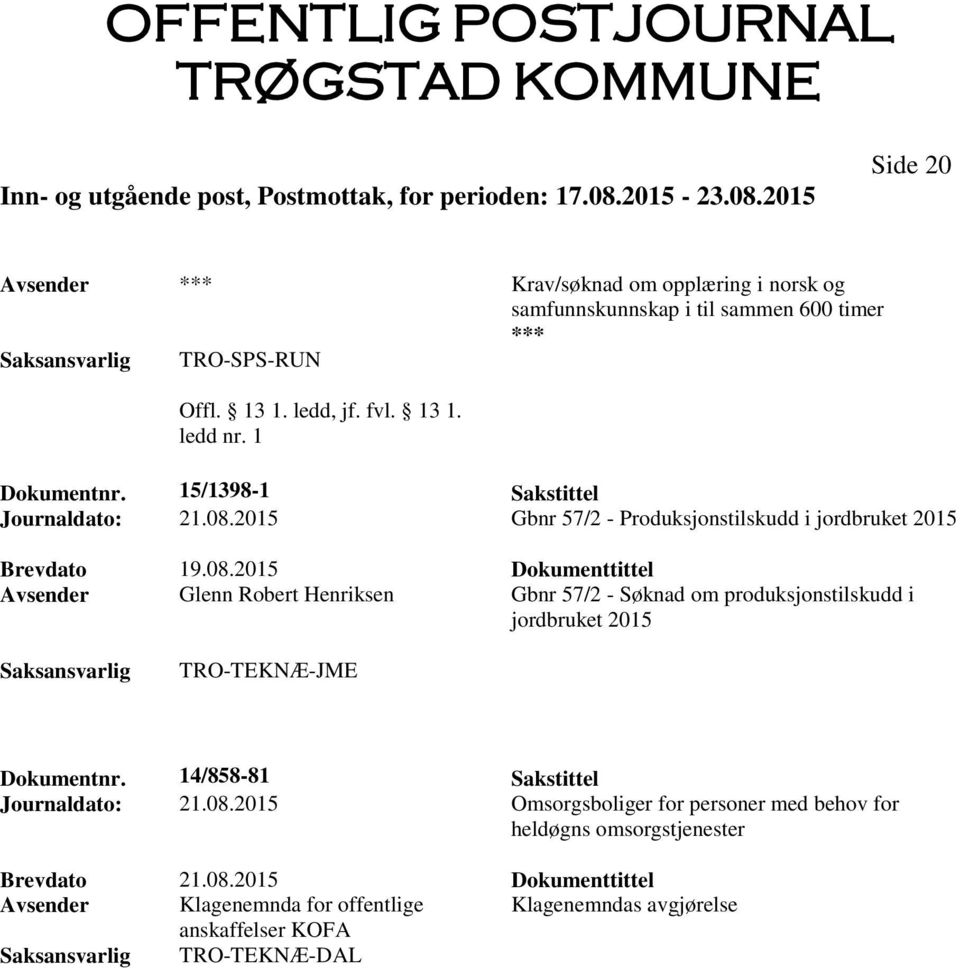 2015 Gbnr 57/2 - Produksjonstilskudd i jordbruket 2015 Avsender Glenn Robert Henriksen Gbnr 57/2 - Søknad om produksjonstilskudd i