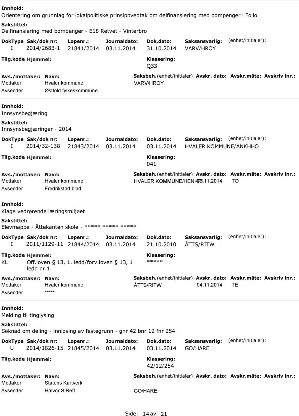 : VARV/HROY Østfold fylkeskommune nnsynsbegjæring nnsynsbegjæringer - 2014 2014/32-138 21843/2014 HVALER KOMMNE/ANKHHO 041 Avs./mottaker: Navn: Saksbeh. Avskr. dato: Avskr.måte: Avskriv lnr.