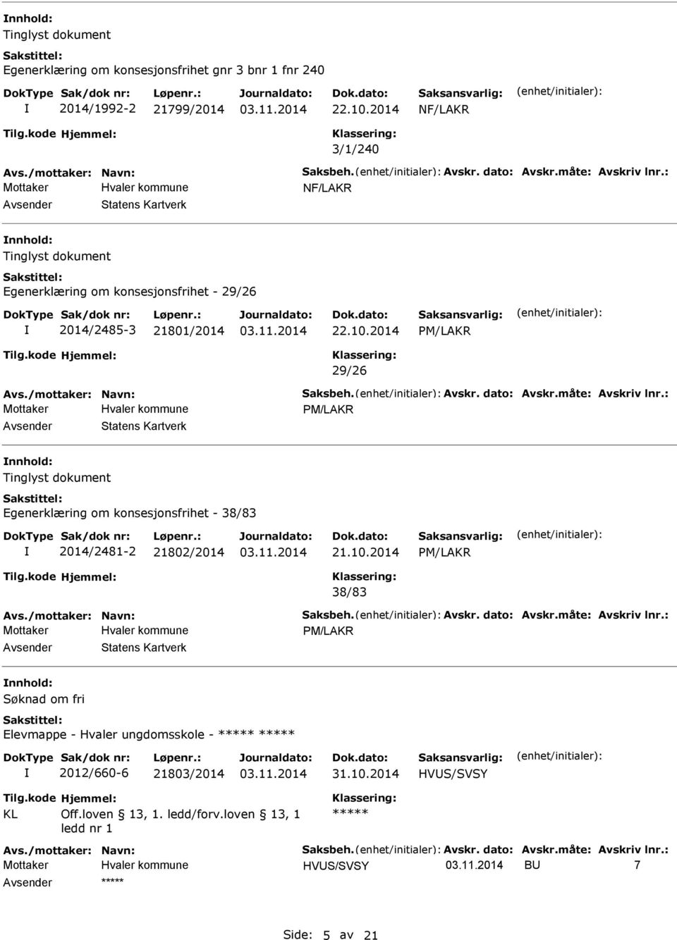 : Statens Kartverk Egenerklæring om konsesjonsfrihet - 38/83 2014/2481-2 21802/2014 21.10.2014 38/83 Avs./mottaker: Navn: Saksbeh. Avskr. dato: Avskr.måte: Avskriv lnr.