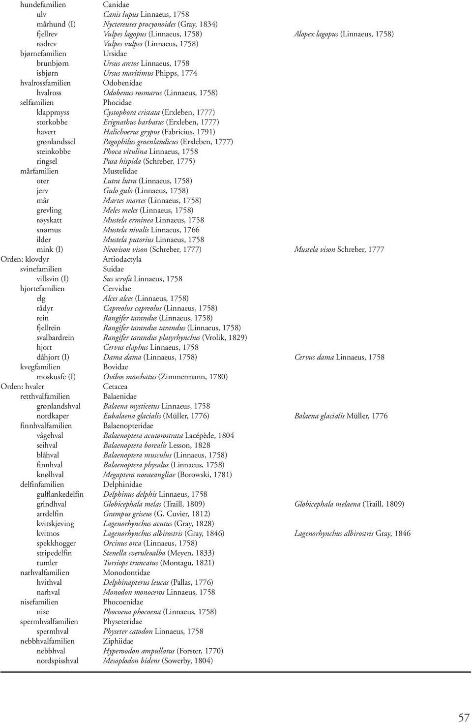 Phocidae klappmyss Cystophora cristata (Erxleben, 1777) storkobbe Erignathus barbatus (Erxleben, 1777) havert Halichoerus grypus (Fabricius, 1791) grønlandssel Pagophilus groenlandicus (Erxleben,