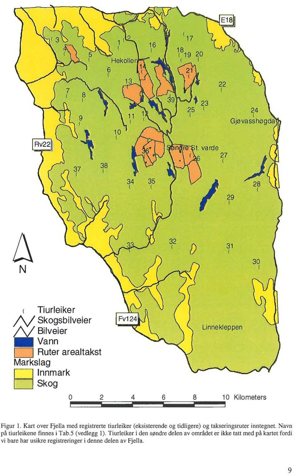 Kart over Fjella med registrerte tiurleiker (eksisterende og tidligere) og takseringsruter inntegnet.