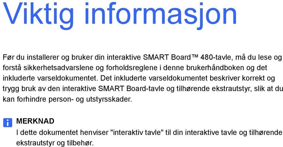 Det inkluderte varseldokumentet beskriver korrekt og trygg bruk av den interaktive SMART Board-tavle og tilhørende