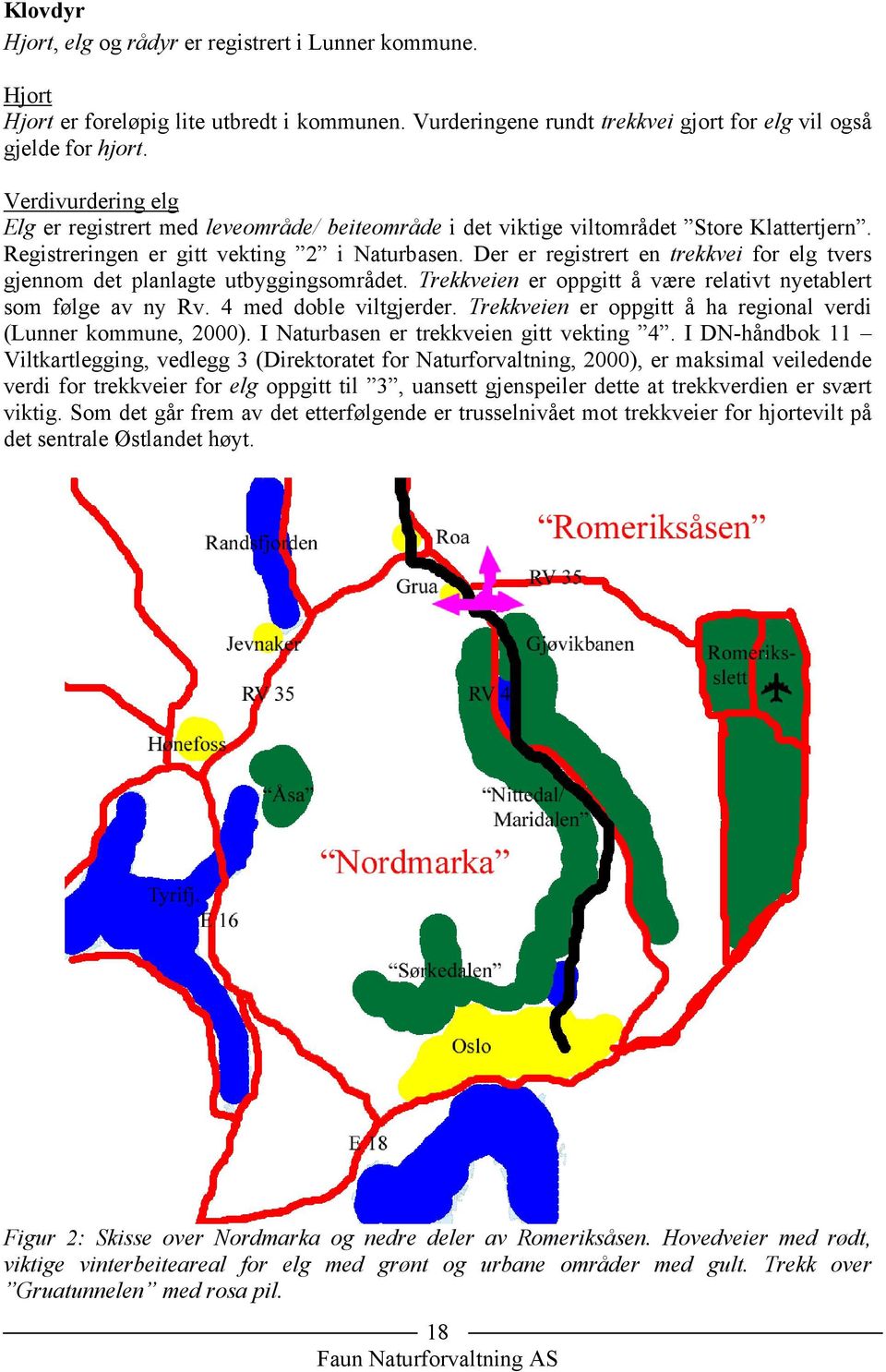 Der er registrert en trekkvei for elg tvers gjennom det planlagte utbyggingsområdet. Trekkveien er oppgitt å være relativt nyetablert som følge av ny Rv. 4 med doble viltgjerder.