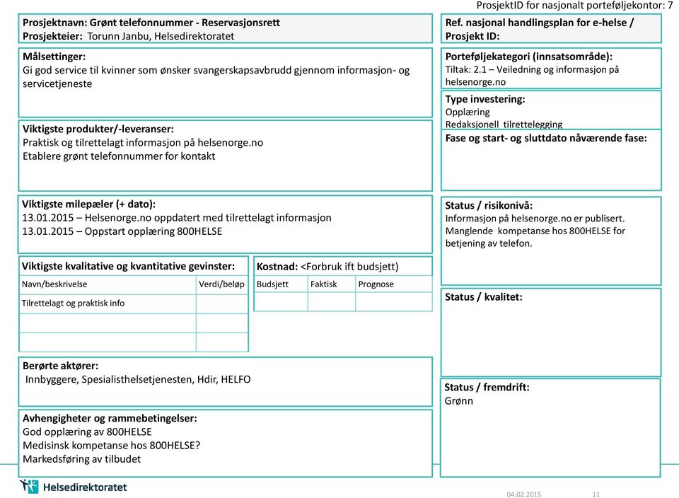 1 Veiledning og informasjon på helsenorge.no Opplæring Redaksjonell tilrettelegging 13.01.2015 Helsenorge.no oppdatert med tilrettelagt informasjon 13.01.2015 Oppstart opplæring 800HELSE Informasjon på helsenorge.