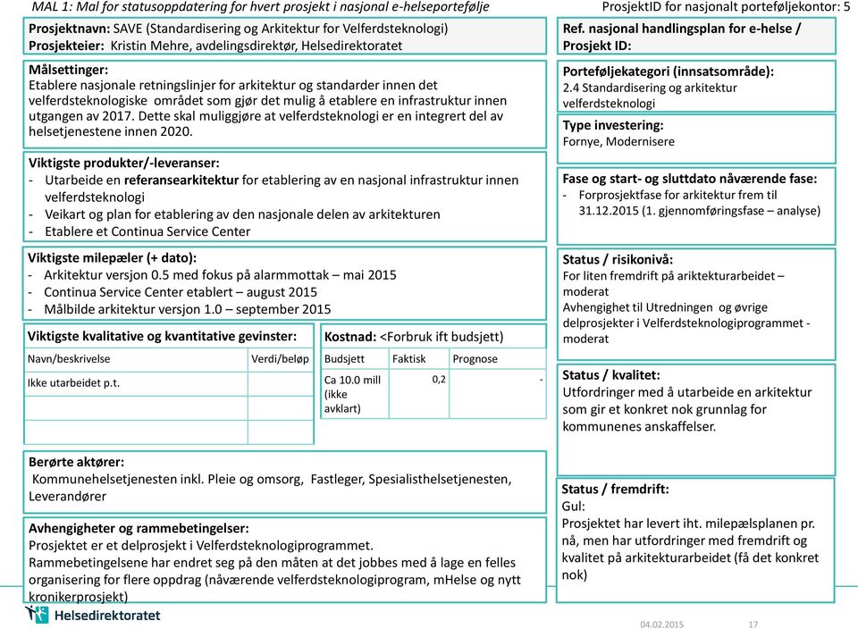 utgangen av 2017. Dette skal muliggjøre at velferdsteknologi er en integrert del av helsetjenestene innen 2020.