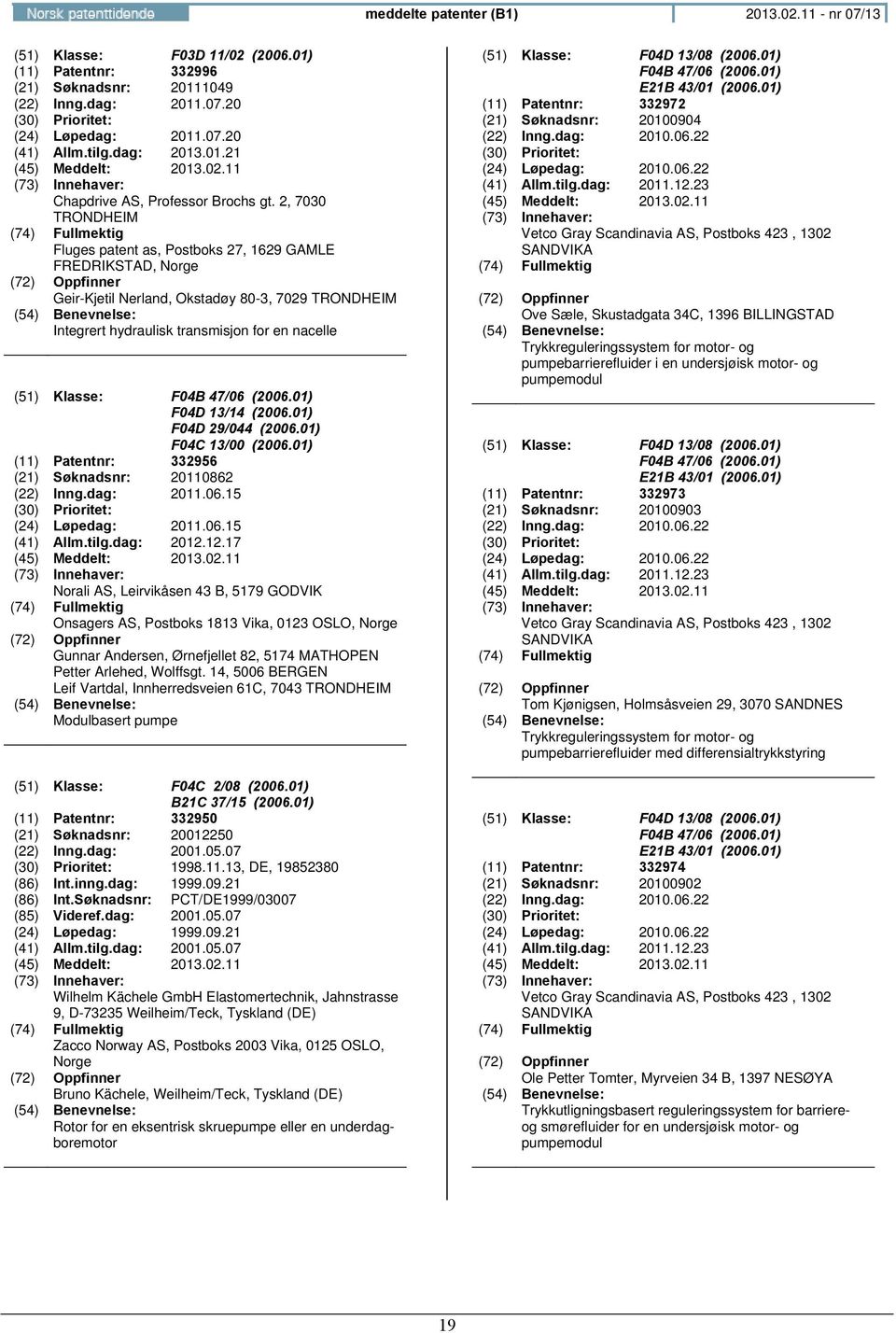 2, 7030 TRONDHEIM Fluges patent as, Postboks 27, 1629 GAMLE FREDRIKSTAD, Geir-Kjetil Nerland, Okstadøy 80-3, 7029 TRONDHEIM Integrert hydraulisk transmisjon for en nacelle (51) Klasse: F04B 47/06