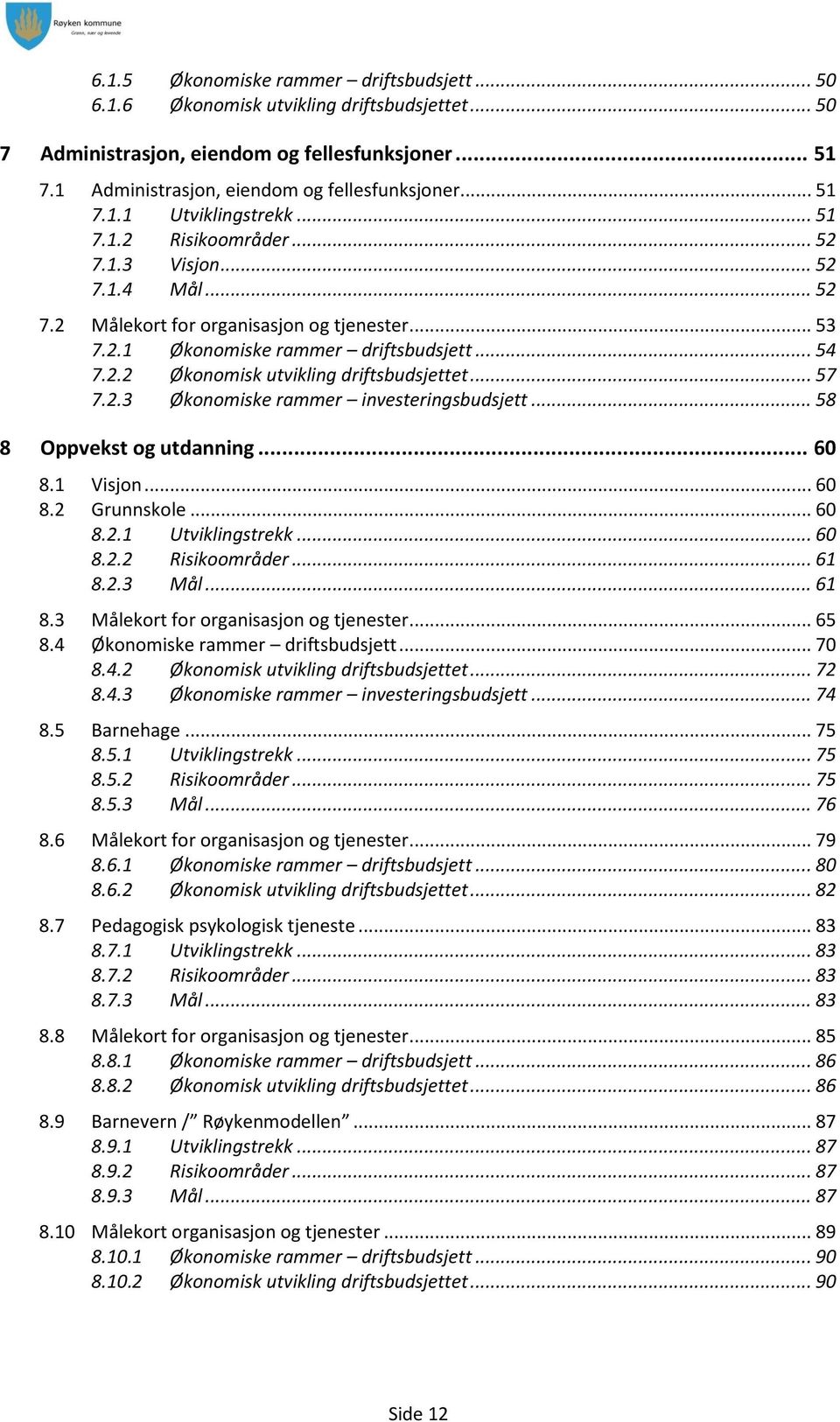 .. 57 7.2.3 Økonomiske rammer investeringsbudsjett... 58 8 Oppvekst og utdanning... 60 8.1 Visjon... 60 8.2 Grunnskole... 60 8.2.1 Utviklingstrekk... 60 8.2.2 Risikoområder... 61 8.